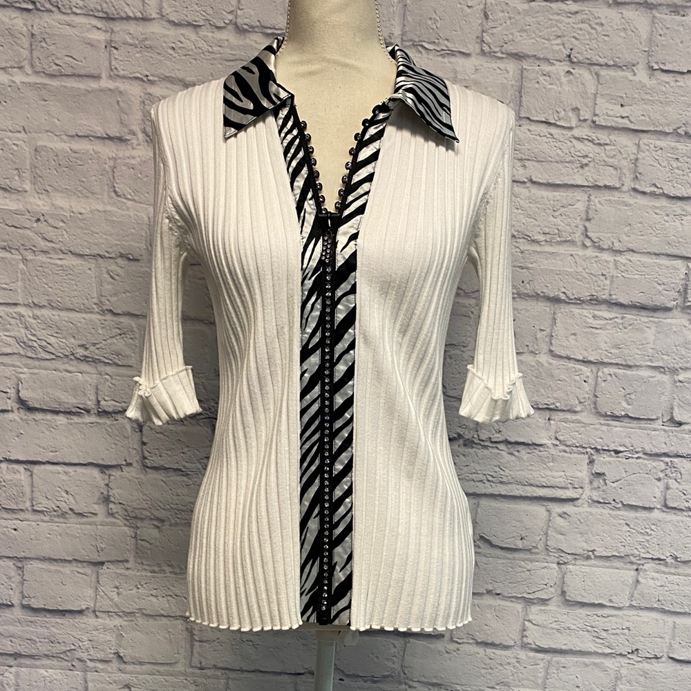 Belldini Zebra Print Crystal Accented Zipper Top Size Medium